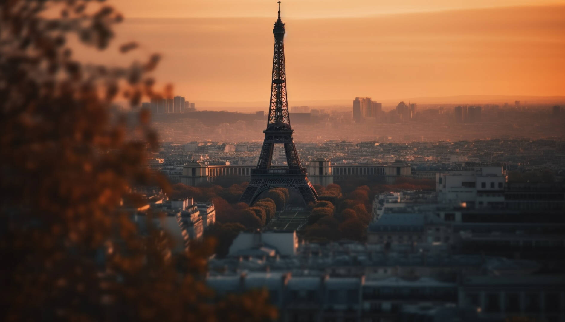 Romantic Paris skyline at dusk, illuminated by sunset generated by artificial intelligence